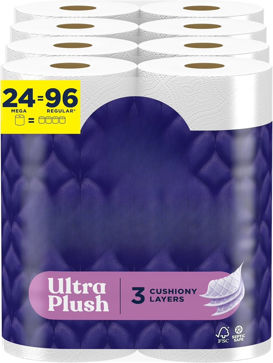 Toilet Tissue - 3-Ply Quilted Ultra Plush, Bulk Mega Rolls, 3X Thicker & Extra Soft, Household Daily Use, 24 Mega Rolls Equals 96 Regular Rolls