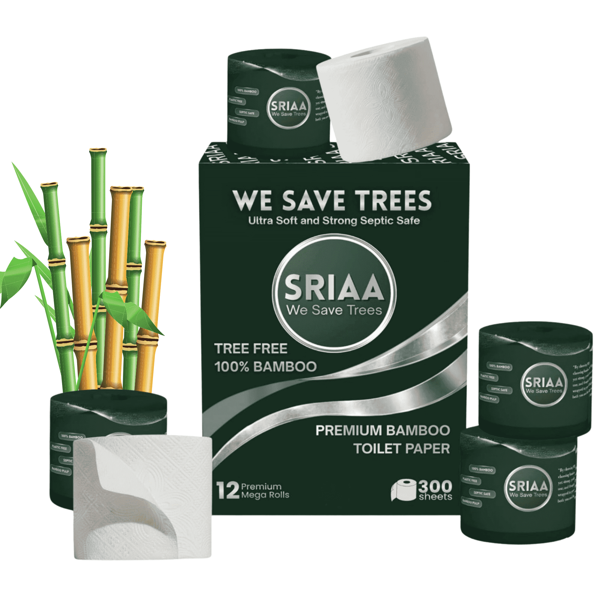 SRIAA Premium Organic 100% Bamboo Tree-Free Toilet Paper - 12 Mega Rolls, 3-Ply, 300 Sheets per Roll, Septic Safe, Plastic Free, FSC Certified