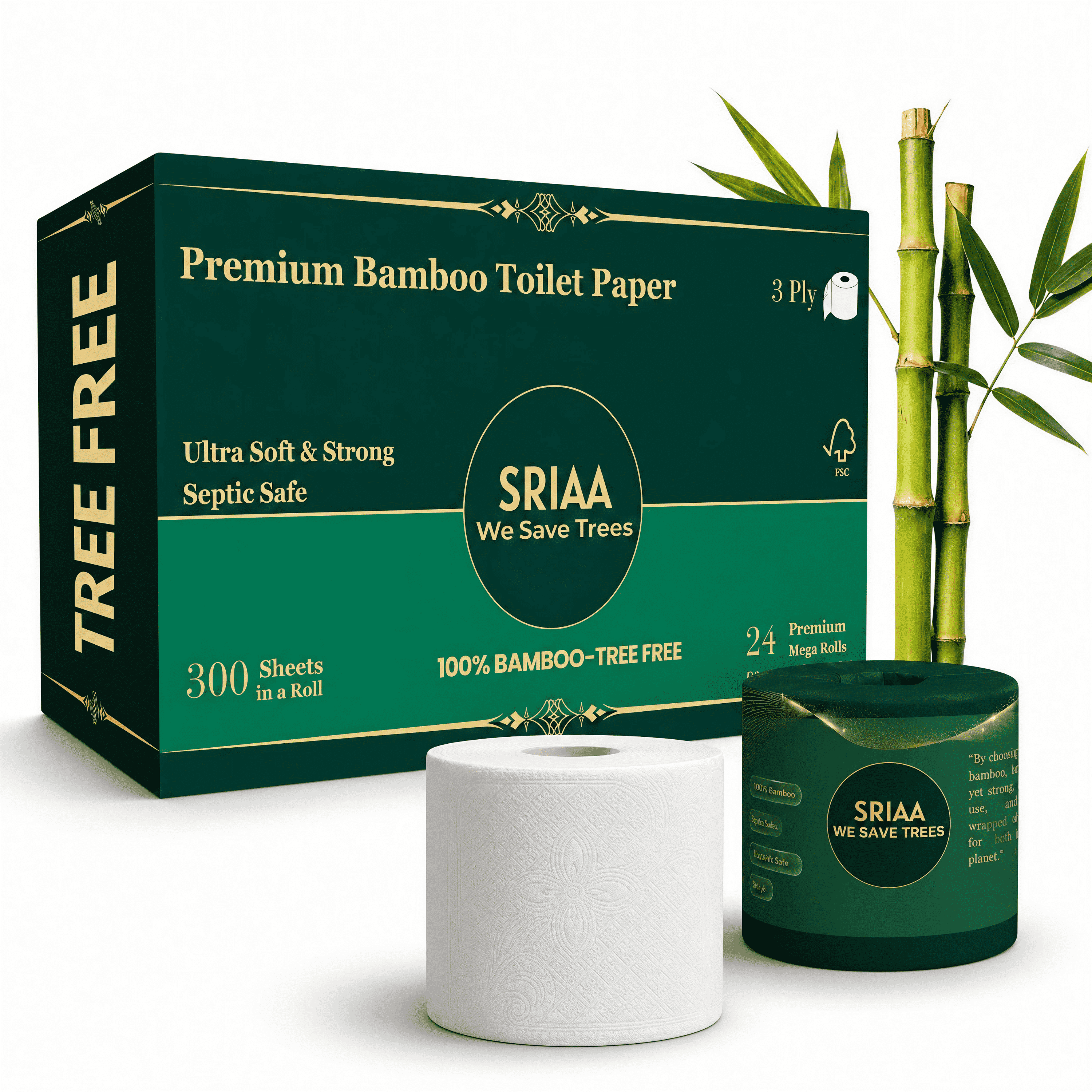 SRIAA Premium Organic 100% Bamboo Tree-Free Toilet Paper - 24 Mega Rolls, 3-Ply, 300 Sheets per Roll, Septic Safe, Plastic Free, FSC Certified