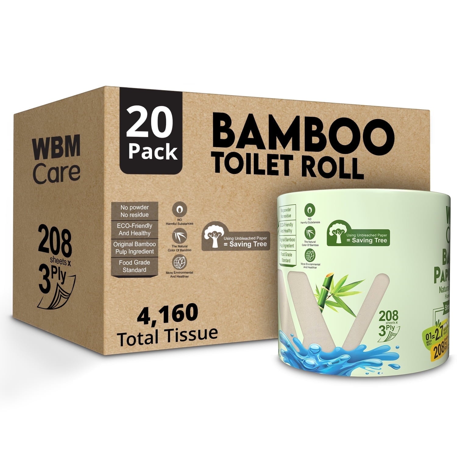 WBM Tree-Free Bamboo Toilet Paper - 20 Rolls, 3-Ply, 4,160 Sheets Total