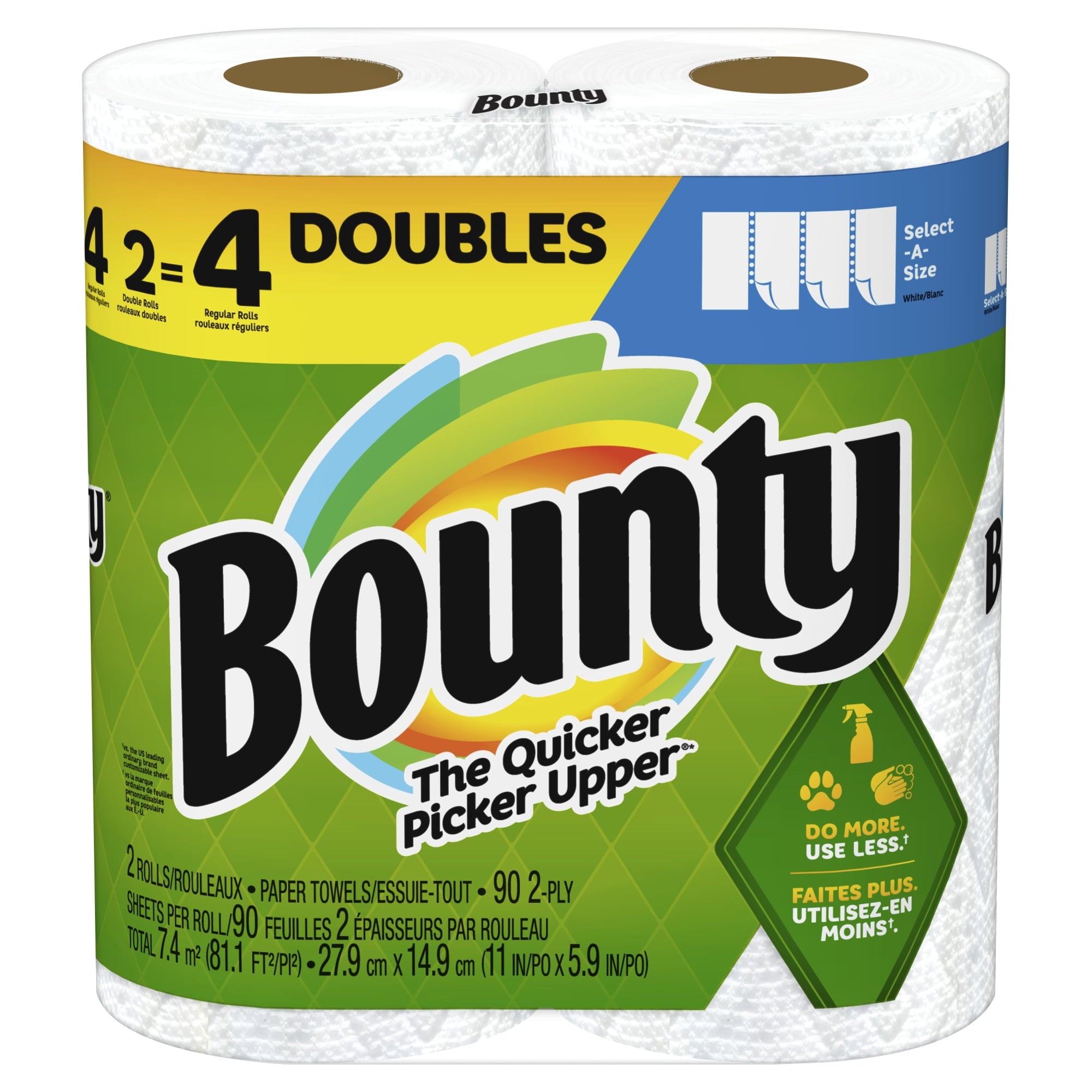 Bounty Select-A-Size 2-Ply Paper Towels - Double Roll, 11" x 6", White, 90 Sheets Per Roll, Pack Of 2 Rolls