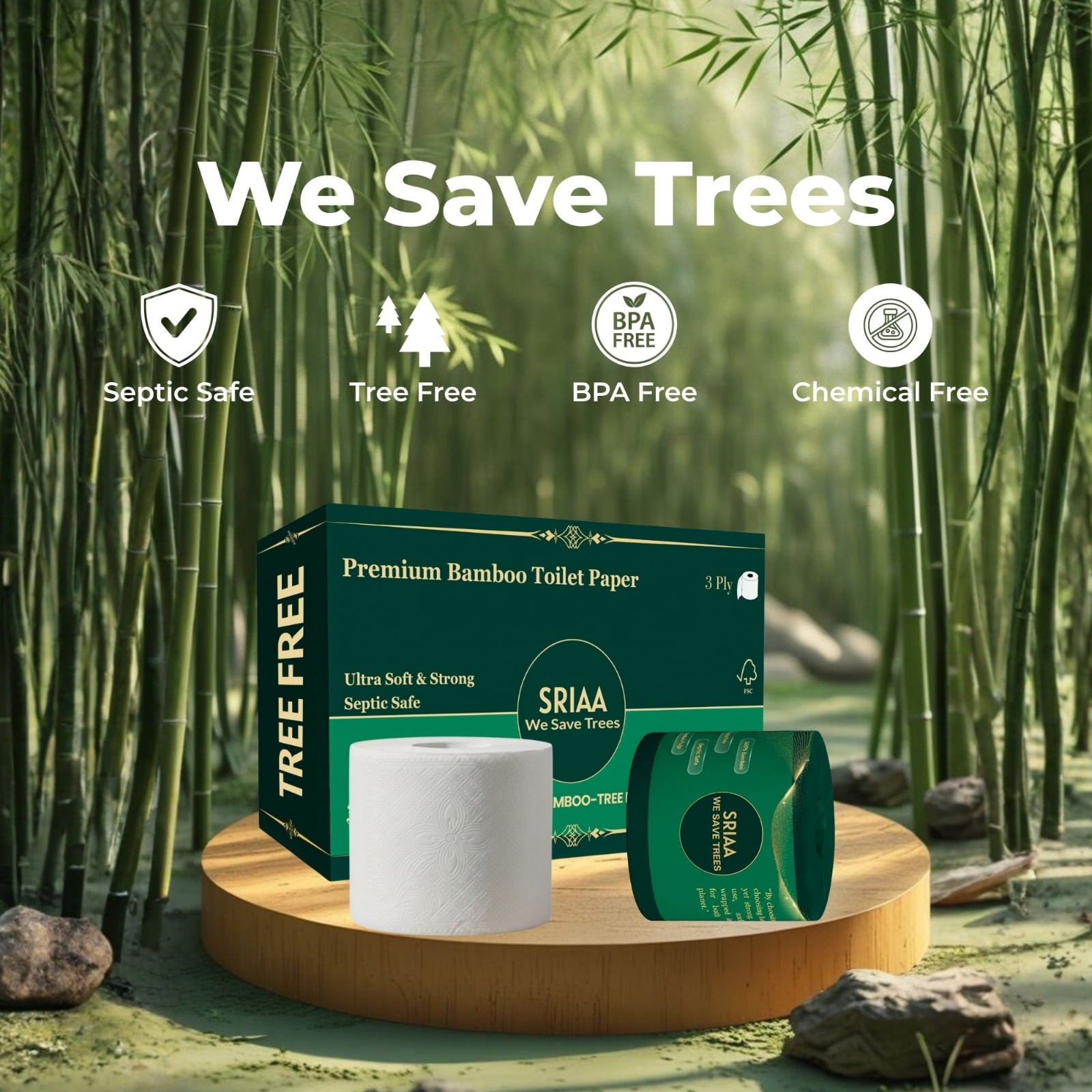 SRIAA Premium Organic 100% Bamboo Tree-Free Toilet Paper - 24 Mega Rolls, 3-Ply, 300 Sheets per Roll, Septic Safe, Plastic Free, FSC Certified