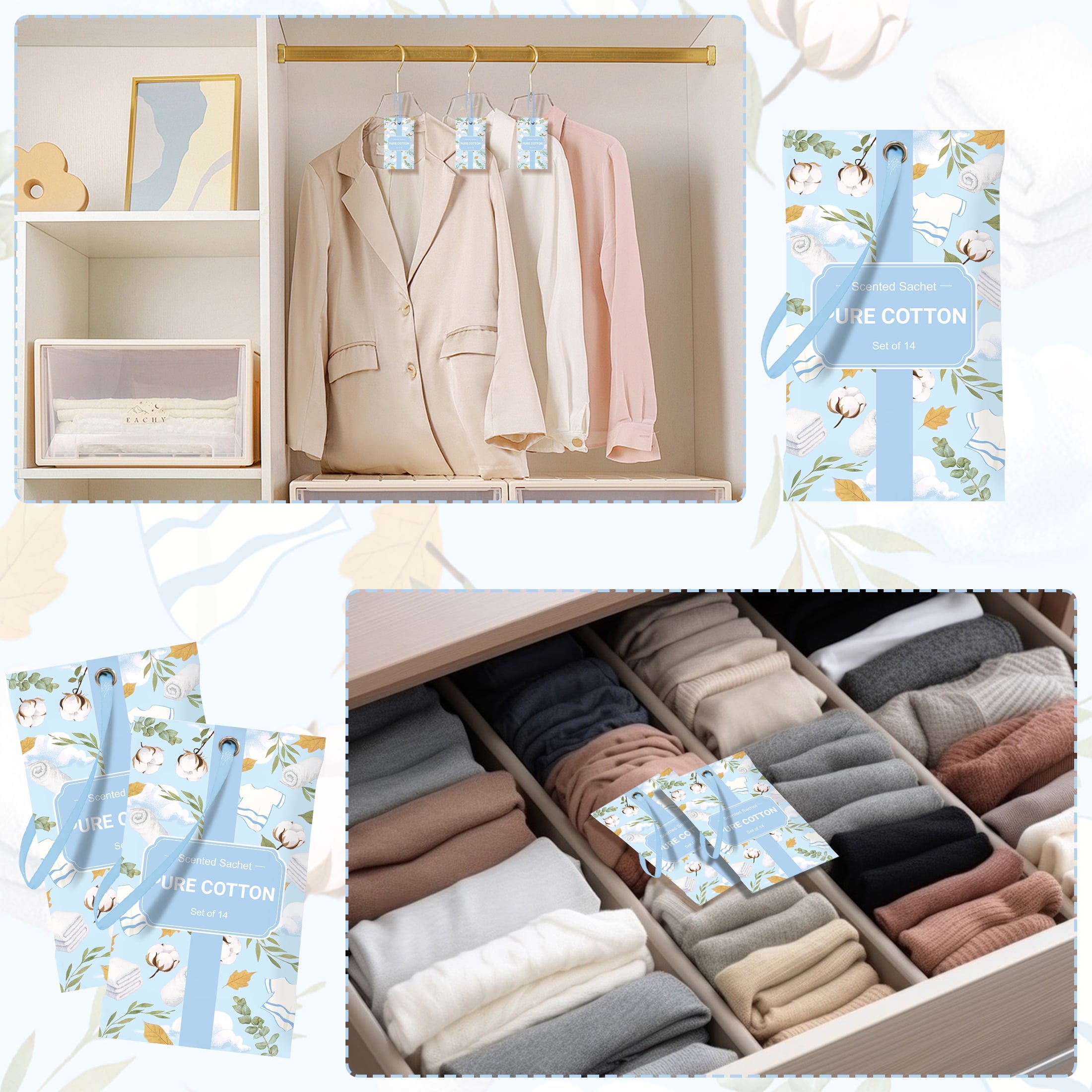 SCENTORINI Pure Cotton Scented Sachet - 14 Packs Air Freshener Odor Eliminator Bags, Long Lasting Home Fragrance for Drawers, Wardrobes and Closets