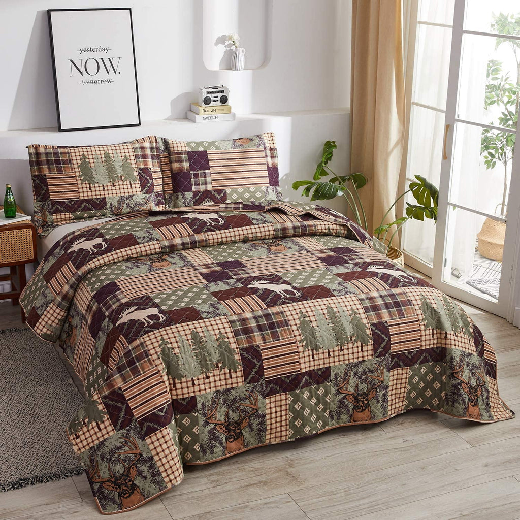 Jessy Home Rustic Lodge Bedding Full Moose Quilt Plaid Patchwork Bear Poly Fill Quilt Bedspread Coverlet