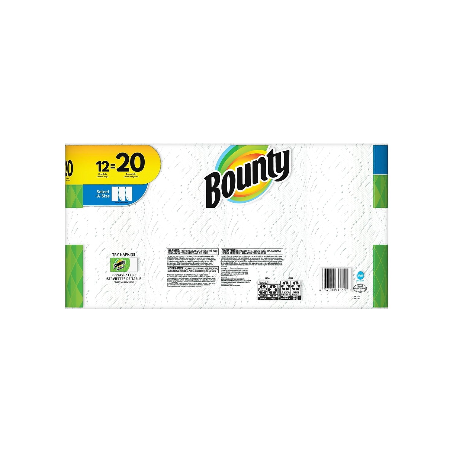 Bounty Select-A-Size 2-Ply Paper Towels - 11" x 5-15/16", White, Pack Of 12 Mega Rolls