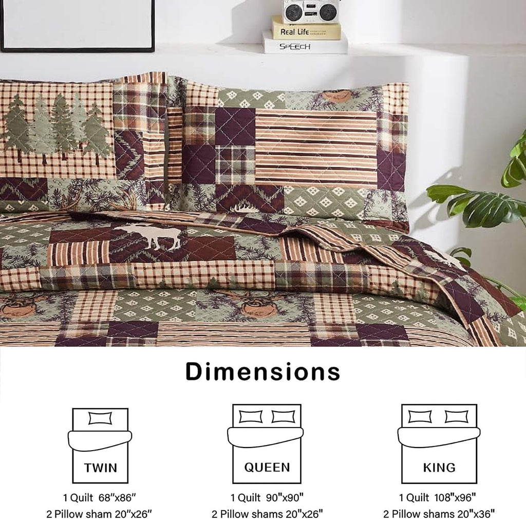 Jessy Home Rustic Lodge Bedding Twin Moose Quilt Plaid Patchwork Bear Poly Fill Quilt Bedspread Coverlet