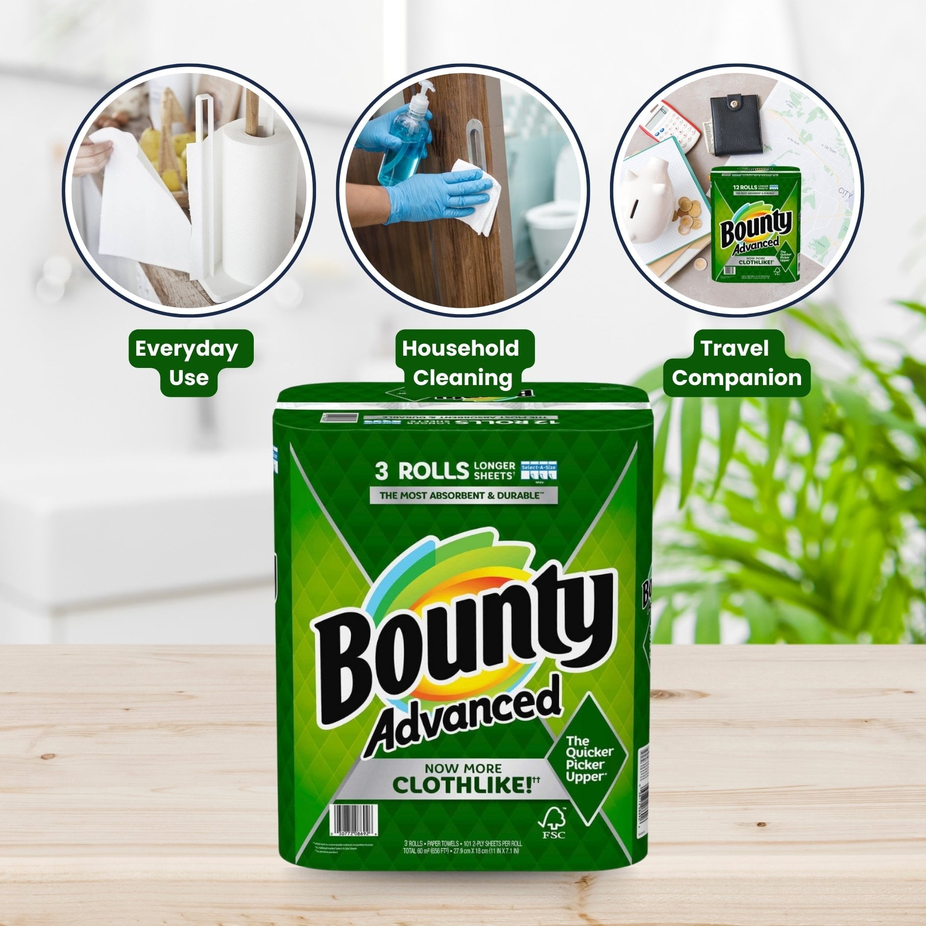 Bounty Advanced 2-Ply Paper Towel - Absorbent - Durable, and Clothlike - Select-A-Size - 3 Rolls