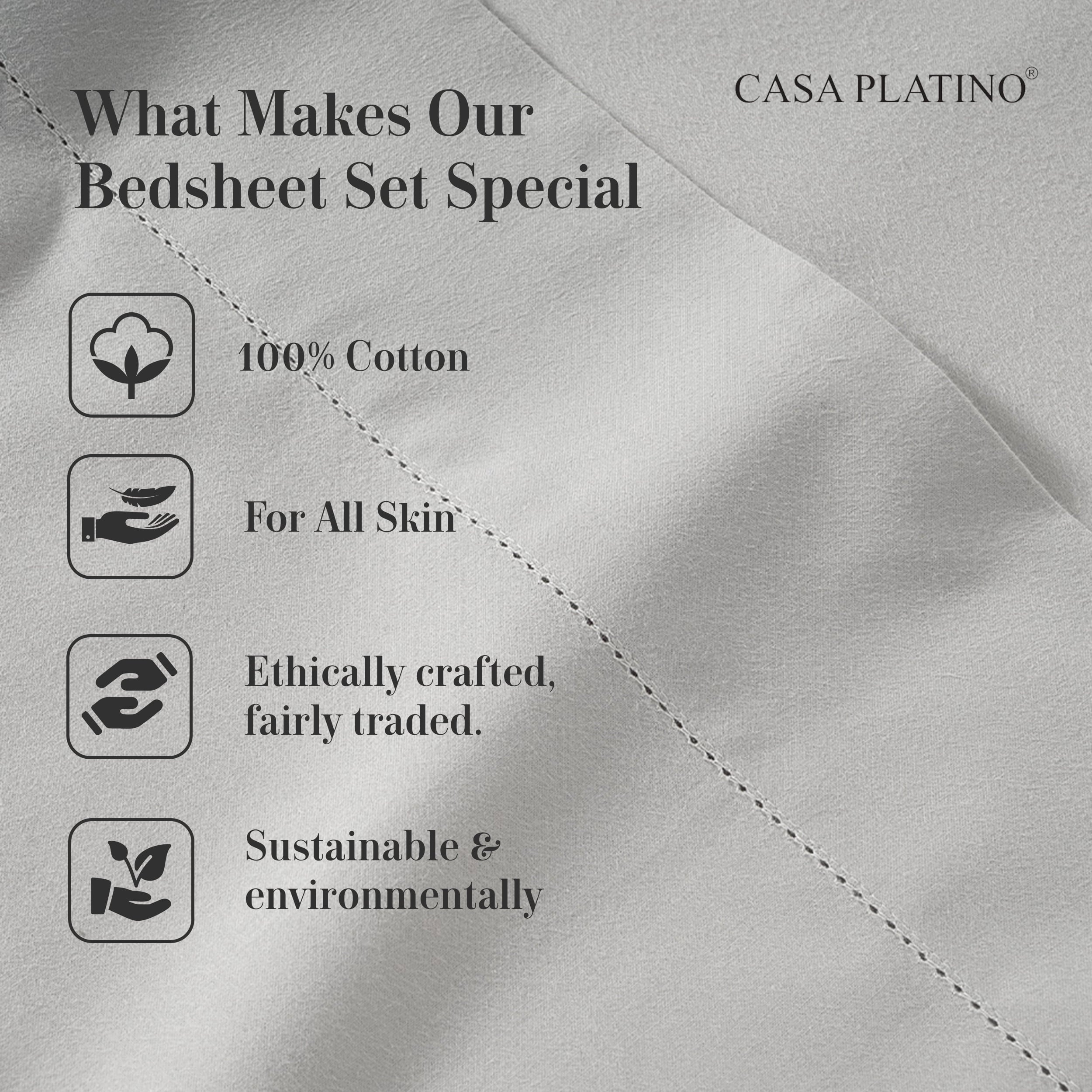 Casa Platino 100% Cotton Sheets – Naturally Cool 100% Cotton Bed Sheets - Ultra Soft Percale Weave, Fade Resistant, Low Pill, 15” Deep Pocket – Silver