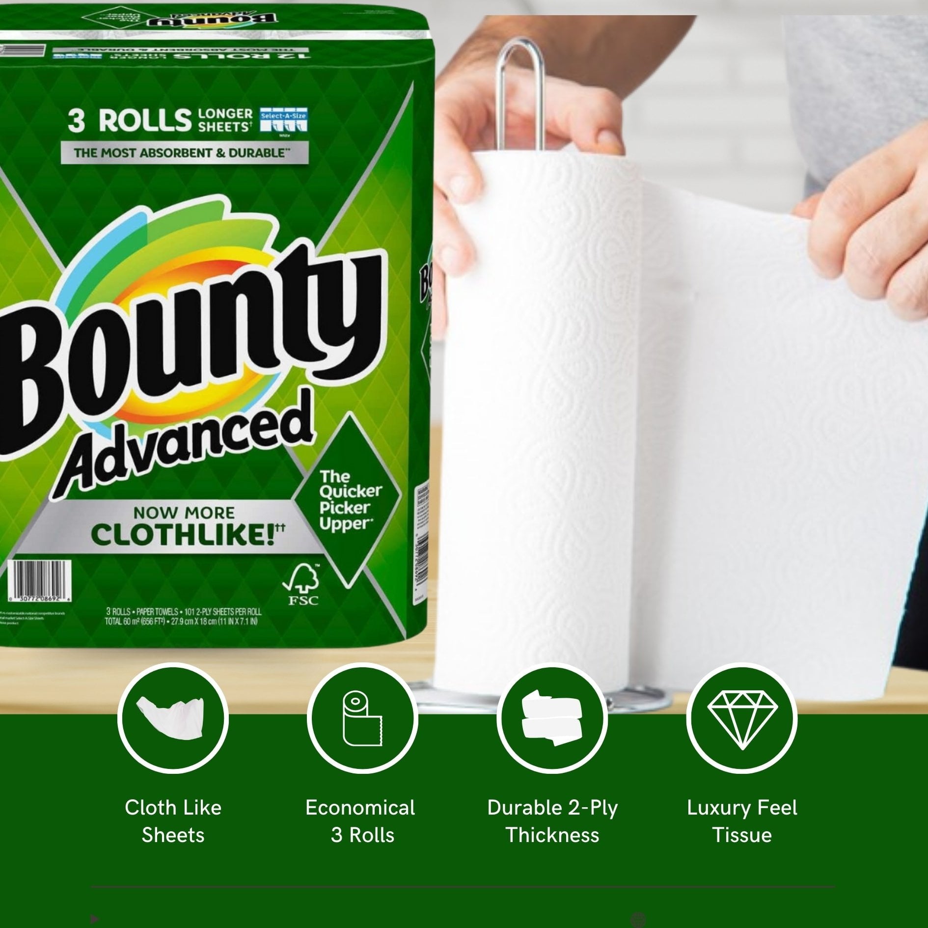 Bounty Advanced 2-Ply Paper Towel - Absorbent - Durable, and Clothlike - Select-A-Size - 3 Rolls