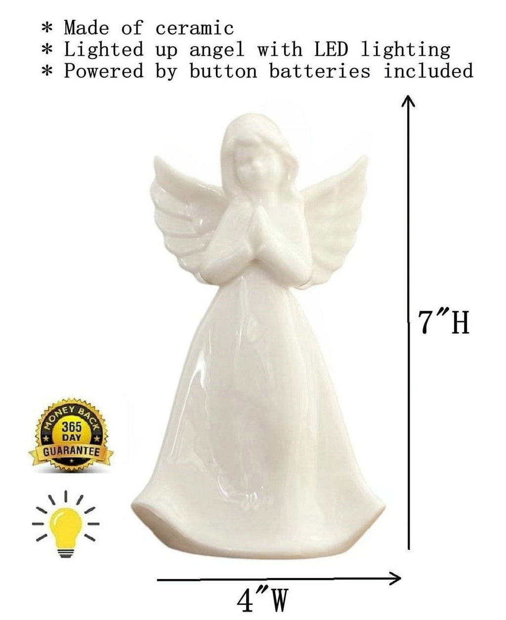 Praying Angel Porcelain Figurine with Light - White 7"H