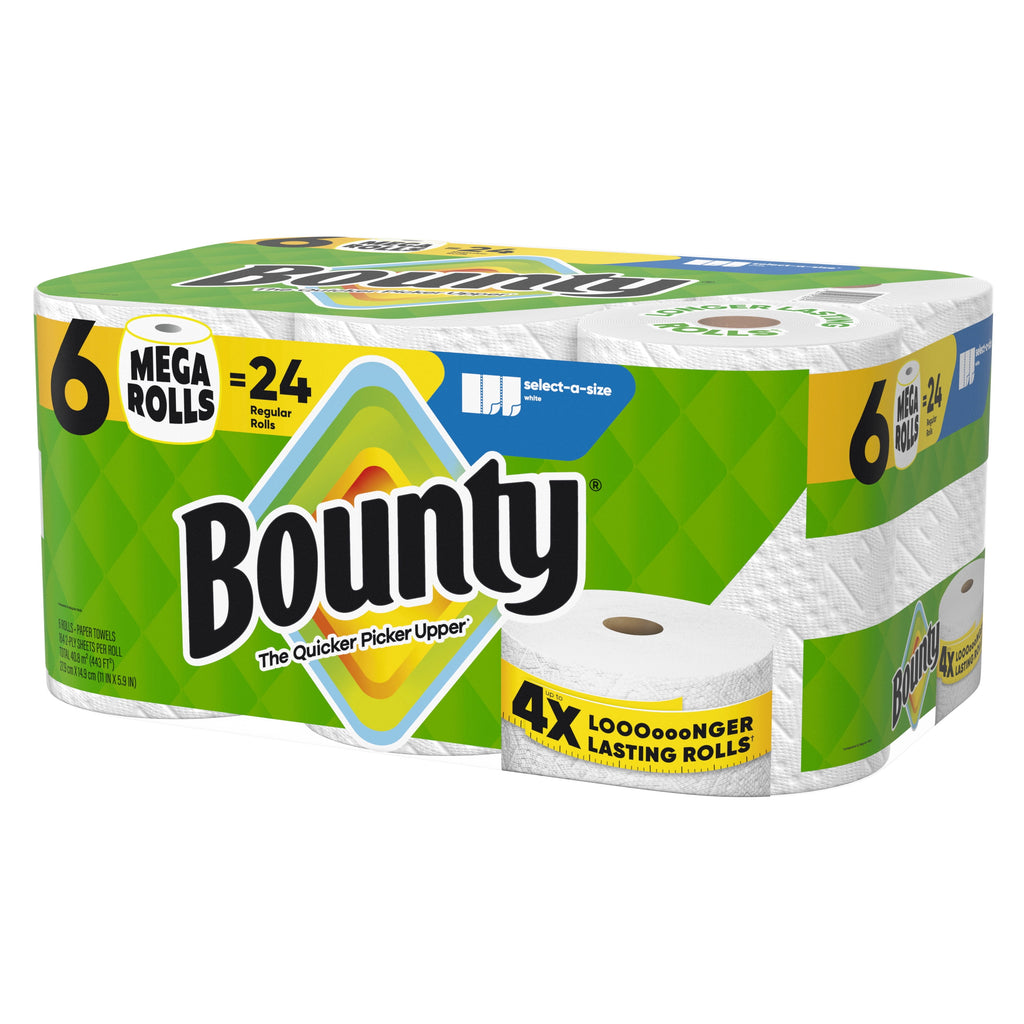Bounty Paper Towels Select-A-Size White - 6 Mega Rolls, 164 Sheets per Roll