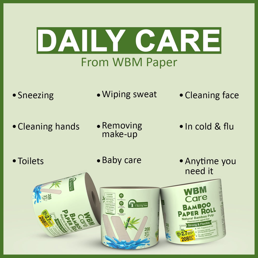 WBM Care Natural Bamboo Toilet Paper - 3-Ply, Unbleached, Tree-Free, 208 Sheets per Roll, 10 Rolls, Soft and Gentle Bath Tissue, Chemical-Free