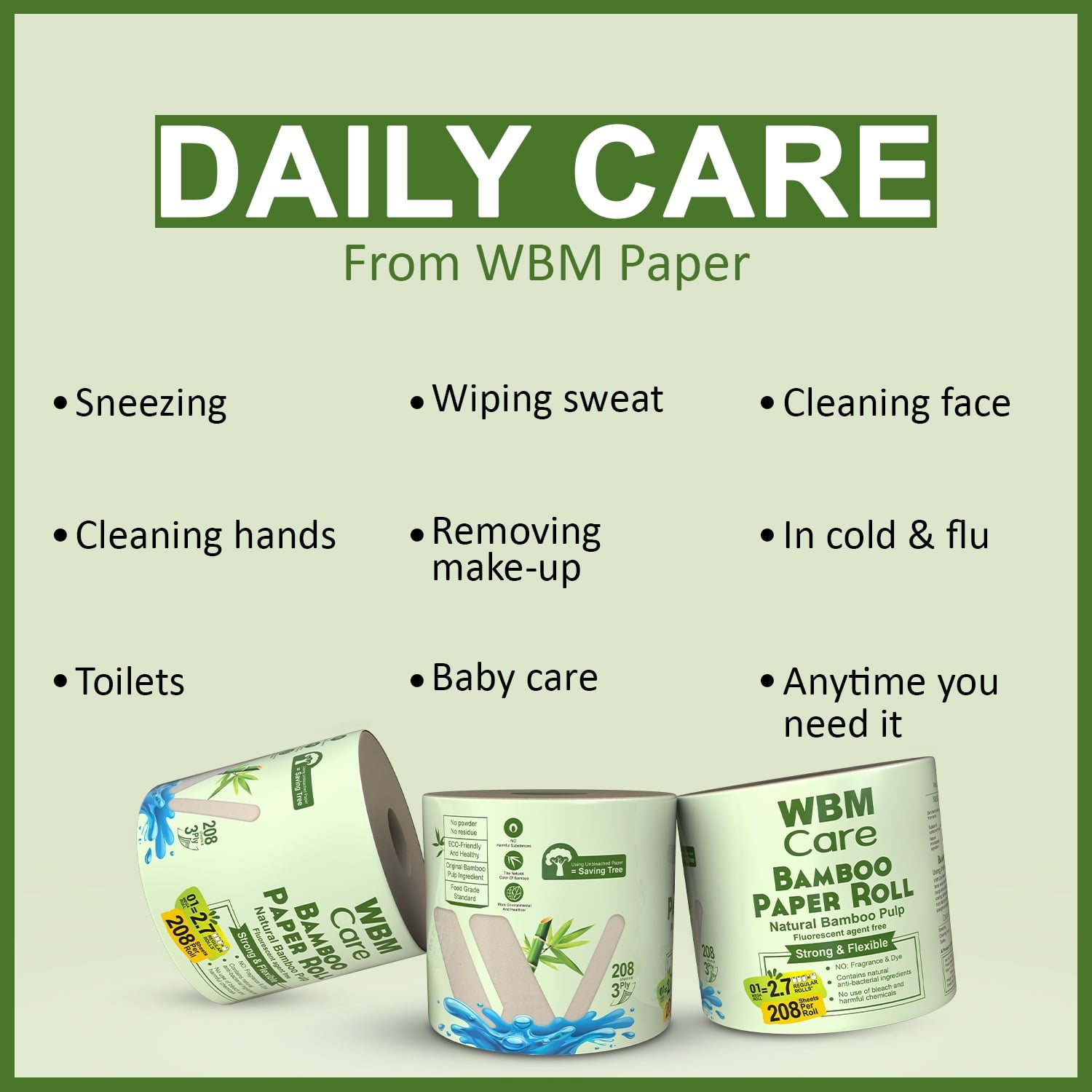 WBM Care Natural Bamboo Toilet Paper - 3-Ply, Unbleached, Tree-Free, 208 Sheets per Roll, 10 Rolls, Soft and Gentle Bath Tissue, Chemical-Free