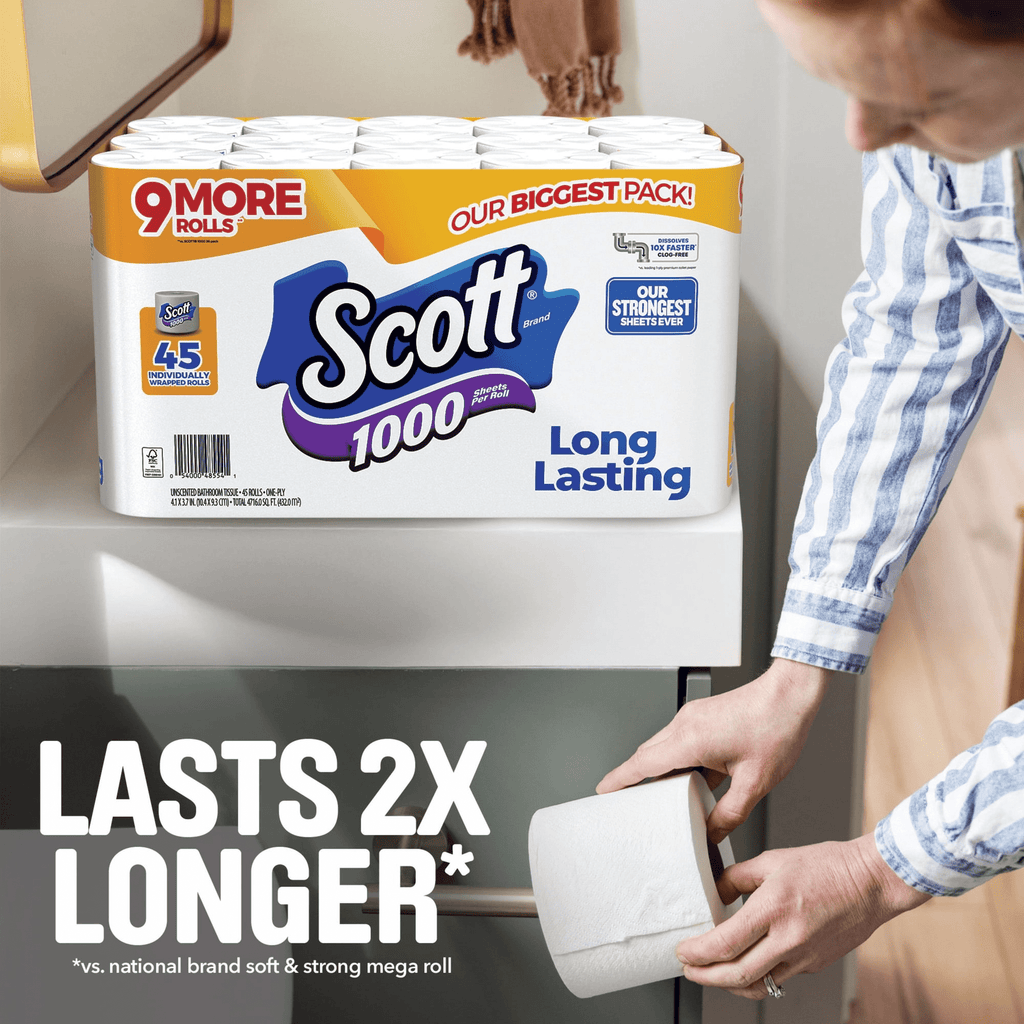Scott 1000 1-Ply Toilet Paper 45 rolls - 1, 000 (4x more sheets )