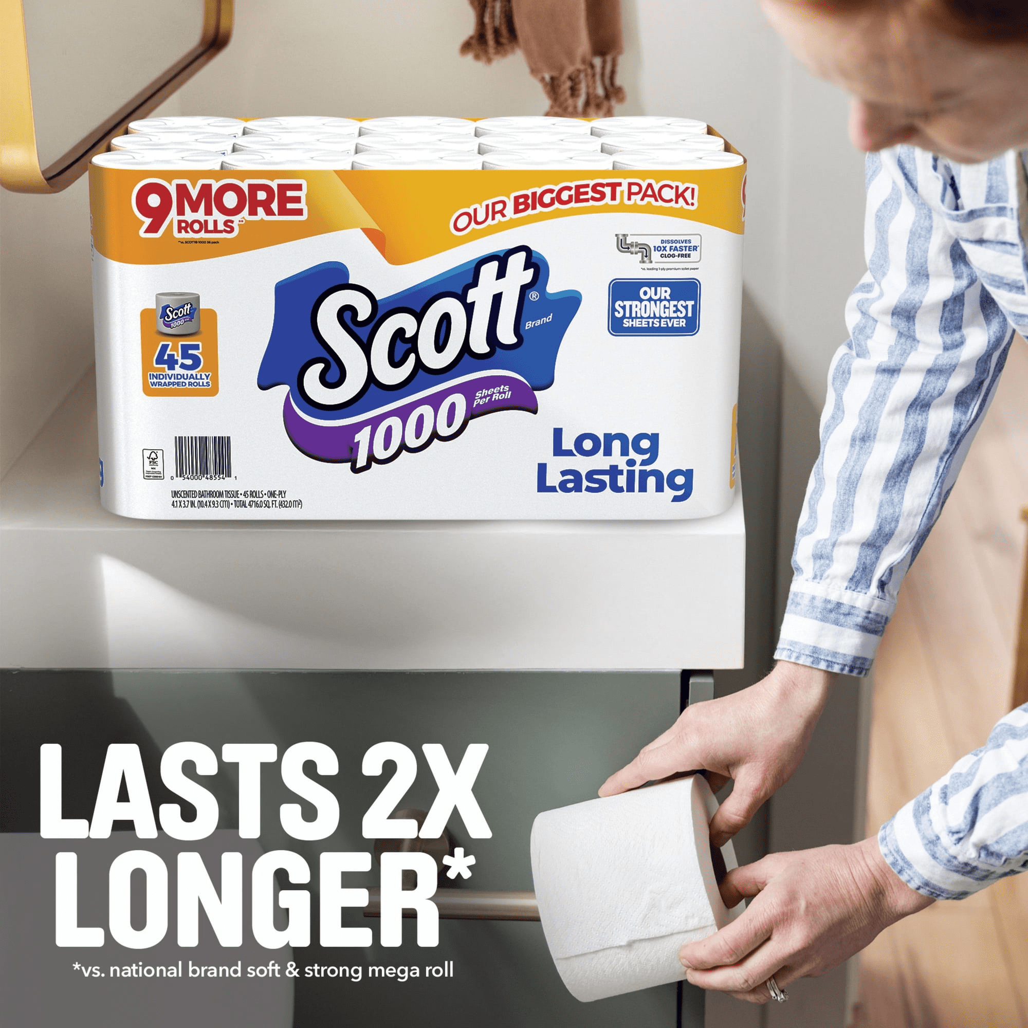 Scott 1000 1-Ply Toilet Paper 45 rolls - 1, 000 (4x more sheets )