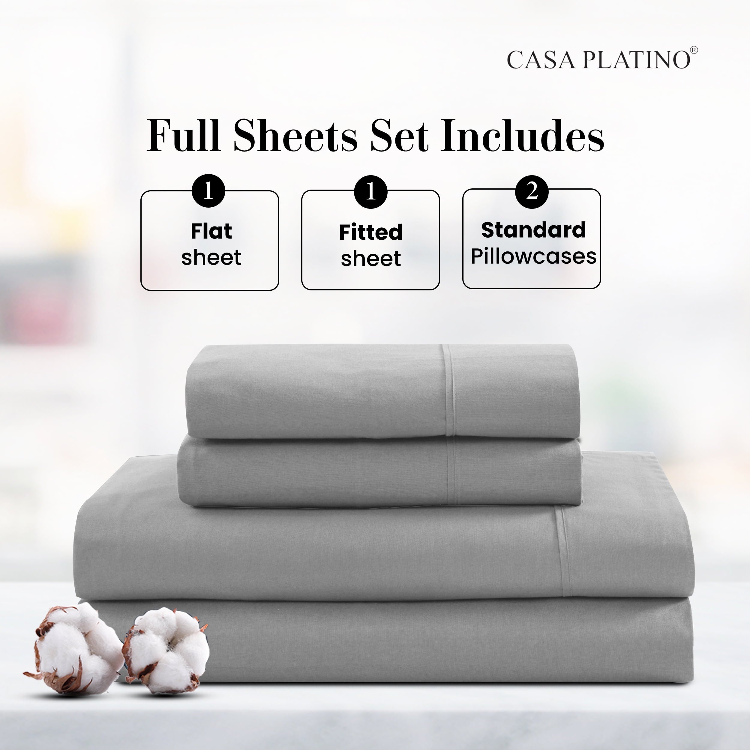 Casa Platino 100% Cotton Sheets – Naturally Cool 100% Cotton Bed Sheets - Ultra Soft Percale Weave, Fade Resistant, Low Pill, 15” Deep Pocket – Silver