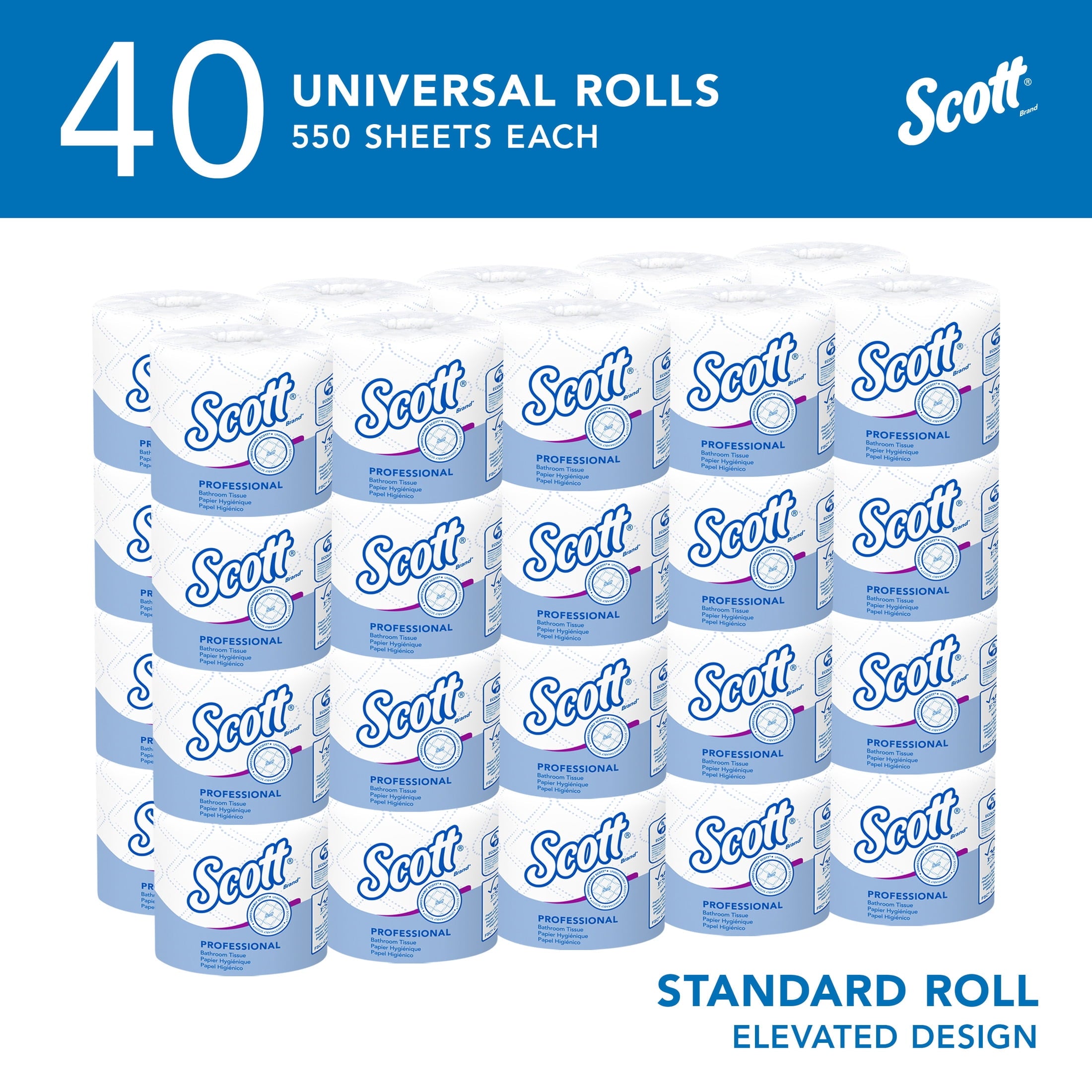 Scott Professional Standard Roll Toilet Paper - Bulk (48040), 2-Ply, Elevated Design, White, Individually Wrapped (40 Rolls of 550 Sheets, 22, 000 Sheet Total)