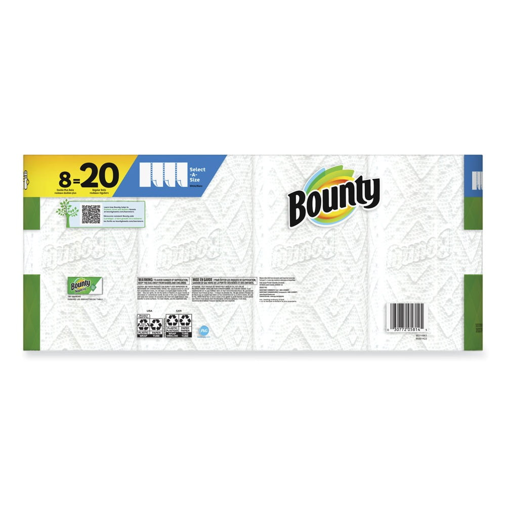 Bounty® Select-a-Size Kitchen Roll Paper Towels - 2-Ply, 5.9 x 11, White, 113 Sheets/Double Plus Roll, 8 Rolls/Pack