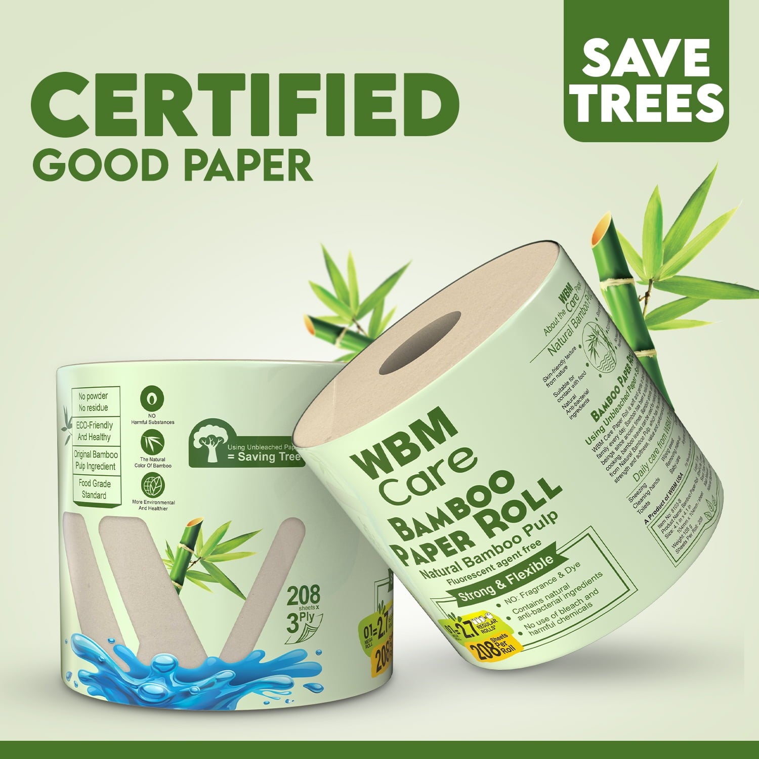 WBM Care Natural Bamboo Toilet Paper - 3-Ply, Unbleached, Tree-Free, 208 Sheets per Roll, 10 Rolls, Soft and Gentle Bath Tissue, Chemical-Free