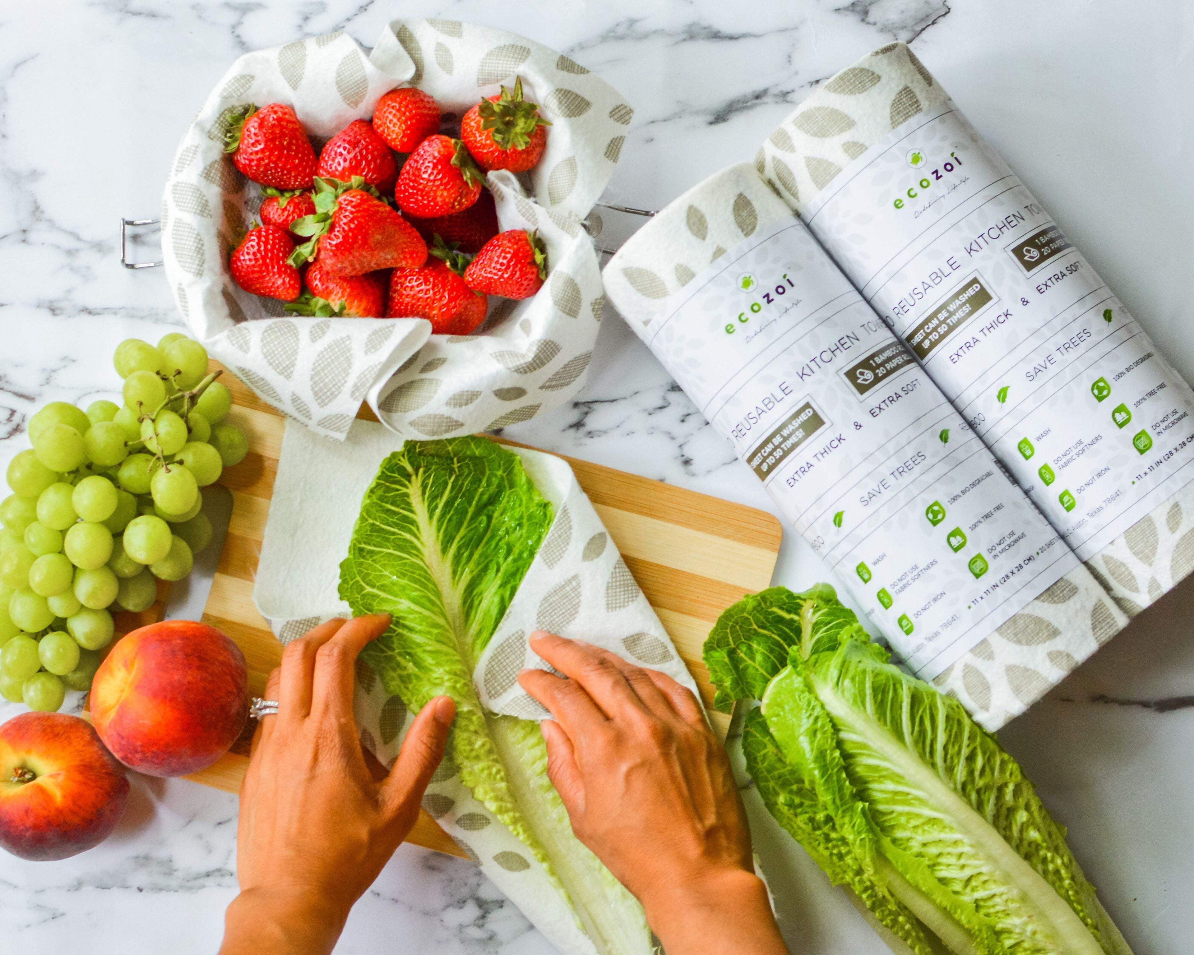 Ecozoi Bamboo Rayon Reusable Paper Towels 4 Pack - 70% Bamboo Rayon 30% Cotton, Equivalent to 80 Regular Rolls, Printed Design