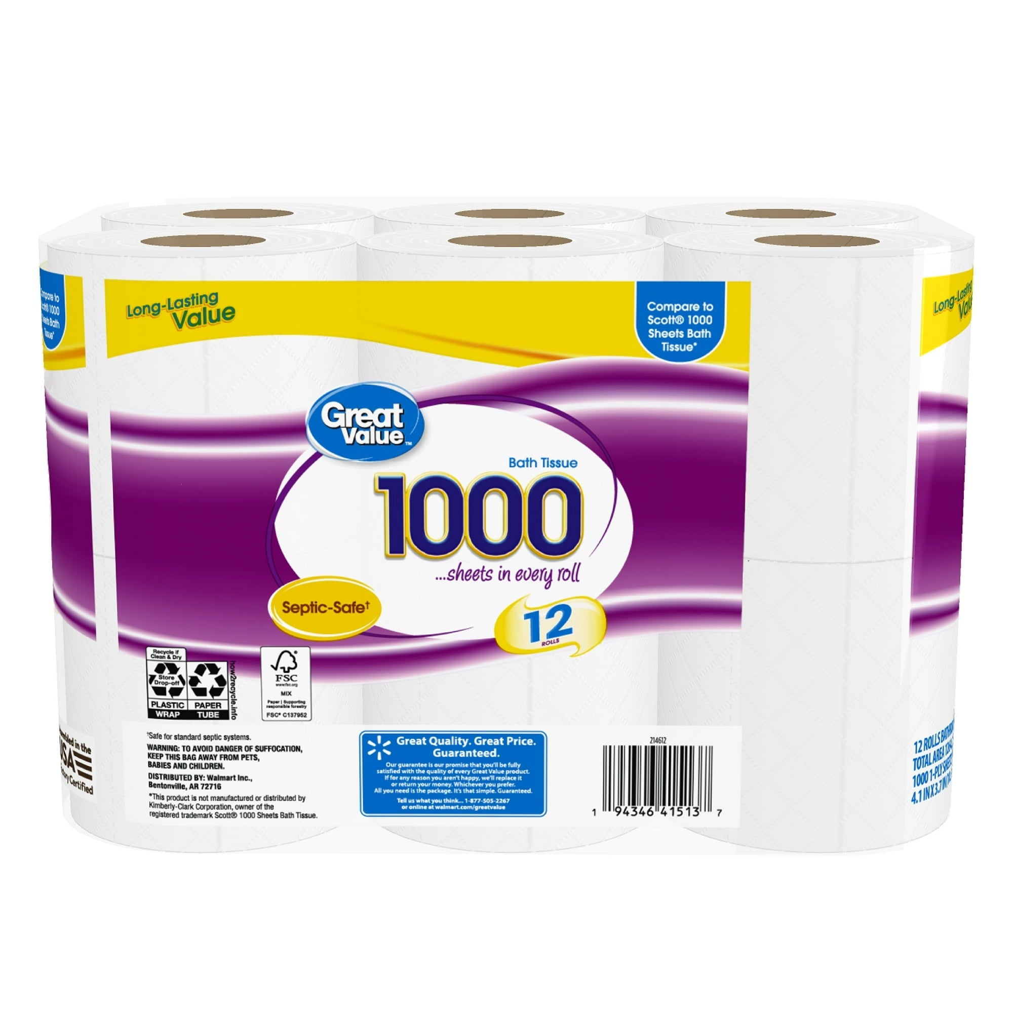 1000 Sheets per Roll Toilet Paper - 12 Rolls, Compare to Scott® 1000 Sheets Bath Tissue