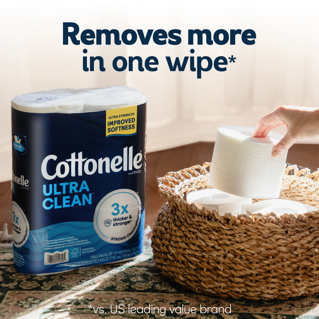 Cottonelle Ultra Clean Toilet Paper - Strong Toilet Tissue, 12 Mega Rolls