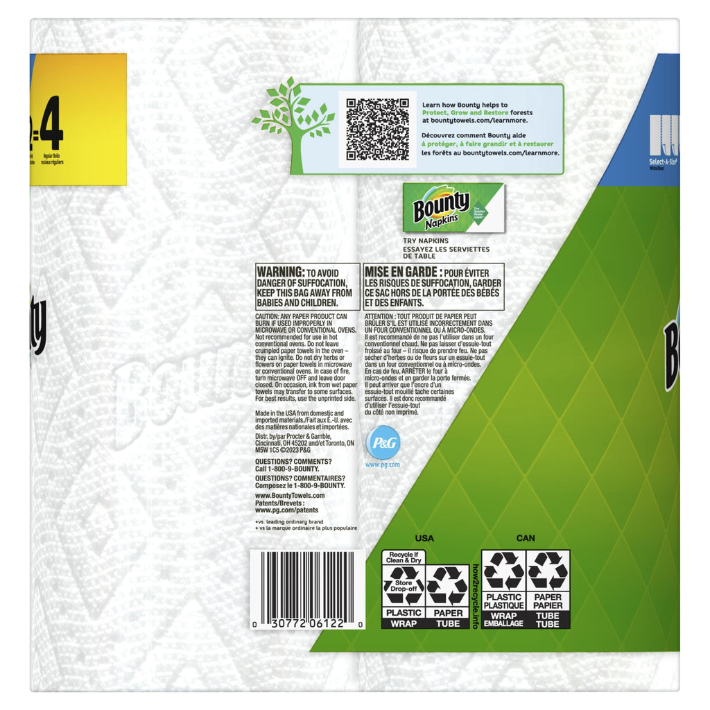 Bounty Select-A-Size 2-Ply Paper Towels - Double Roll, 11" x 6", White, 90 Sheets Per Roll, Pack Of 2 Rolls