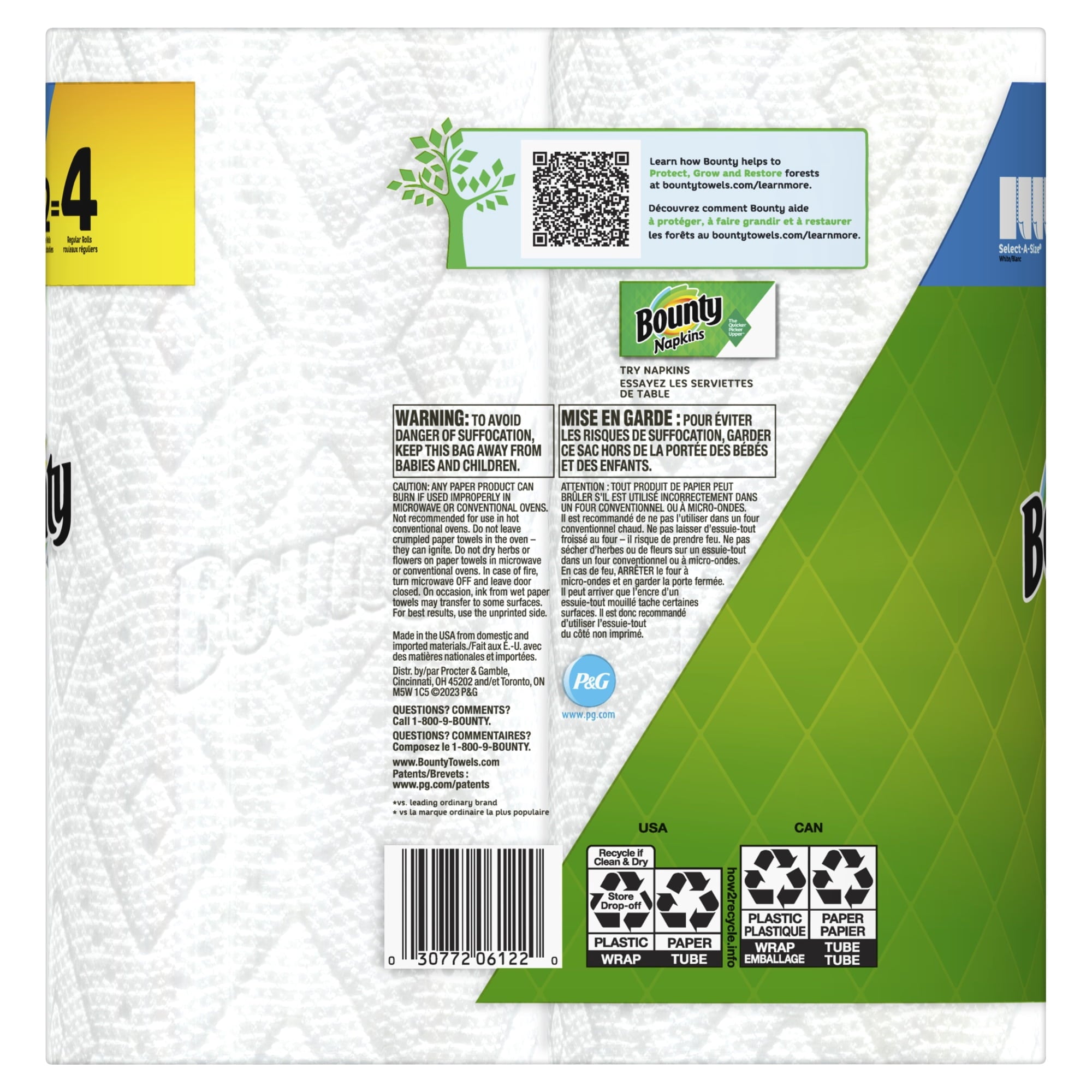Bounty Select-A-Size 2-Ply Paper Towels - Double Roll, 11" x 6", White, 90 Sheets Per Roll, Pack Of 2 Rolls
