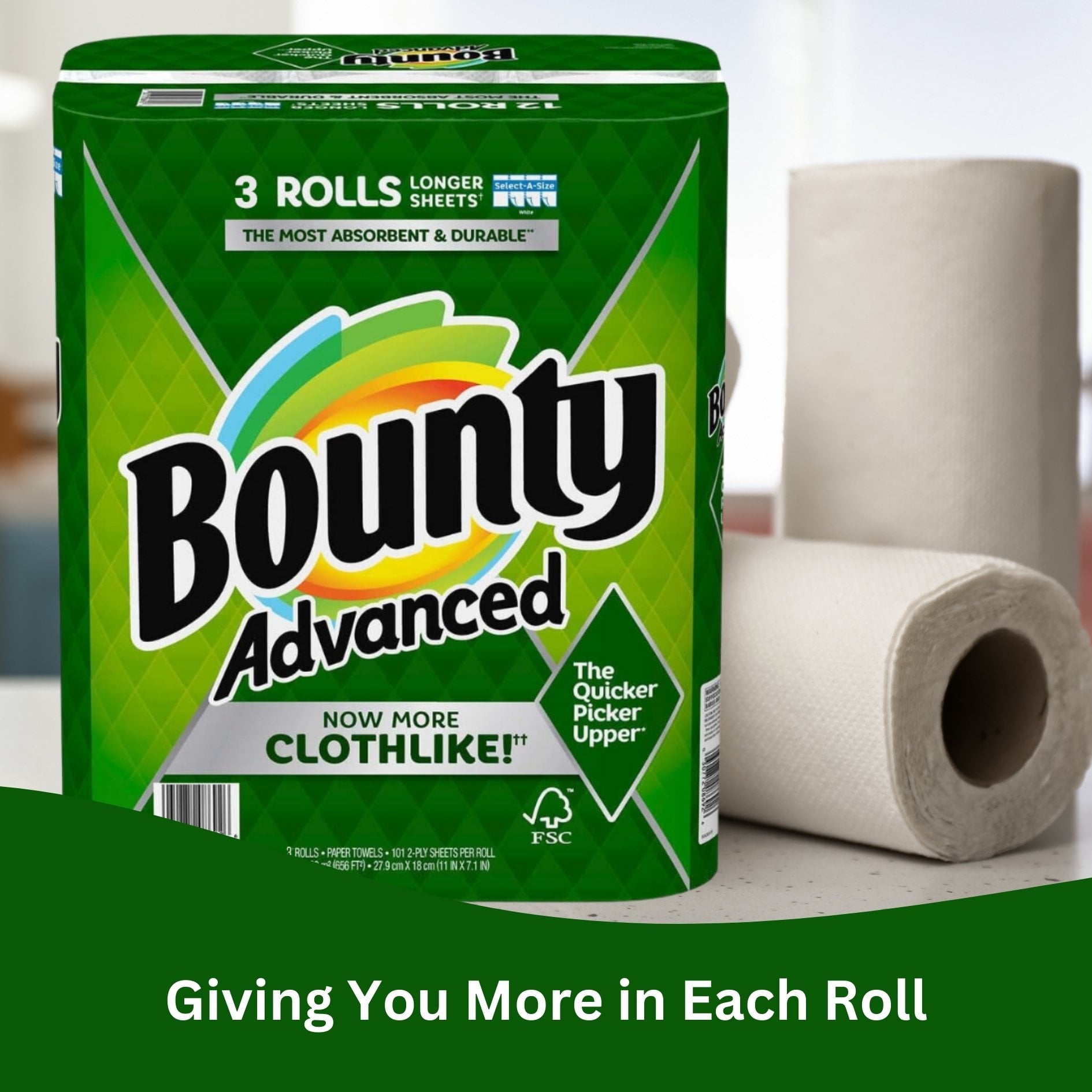 Bounty Advanced 2-Ply Paper Towel - Absorbent - Durable, and Clothlike - Select-A-Size - 3 Rolls