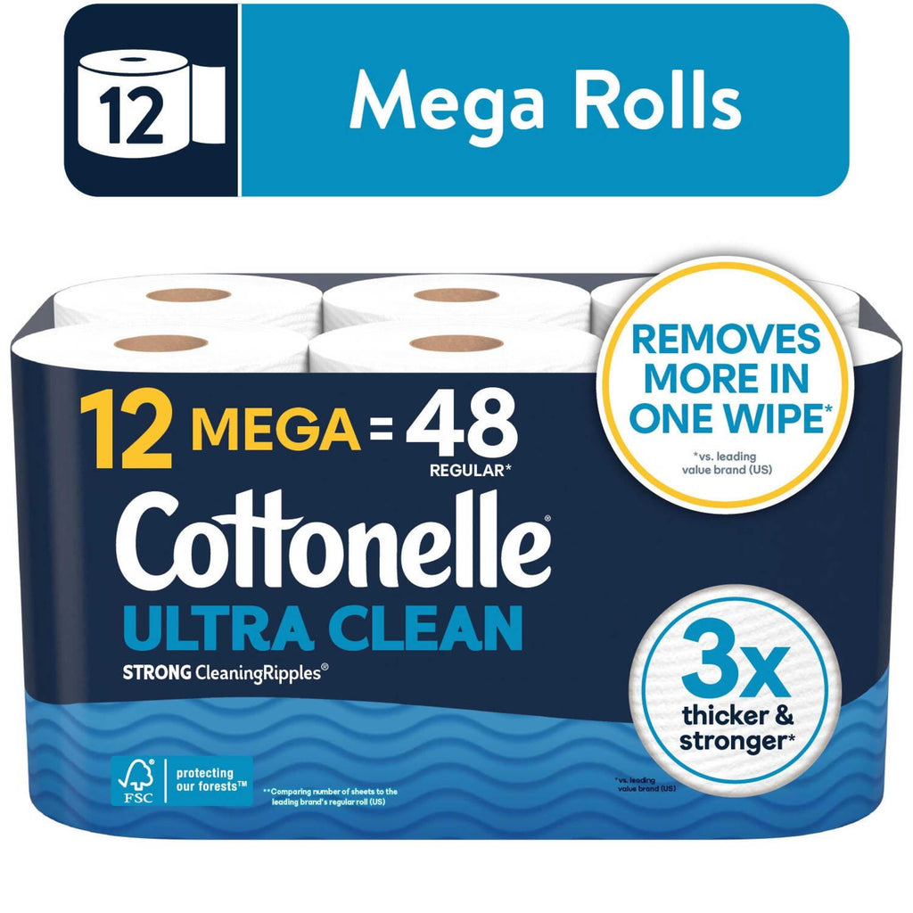 Cottonelle Ultra Clean Toilet Paper - Strong Toilet Tissue, 12 Mega Rolls
