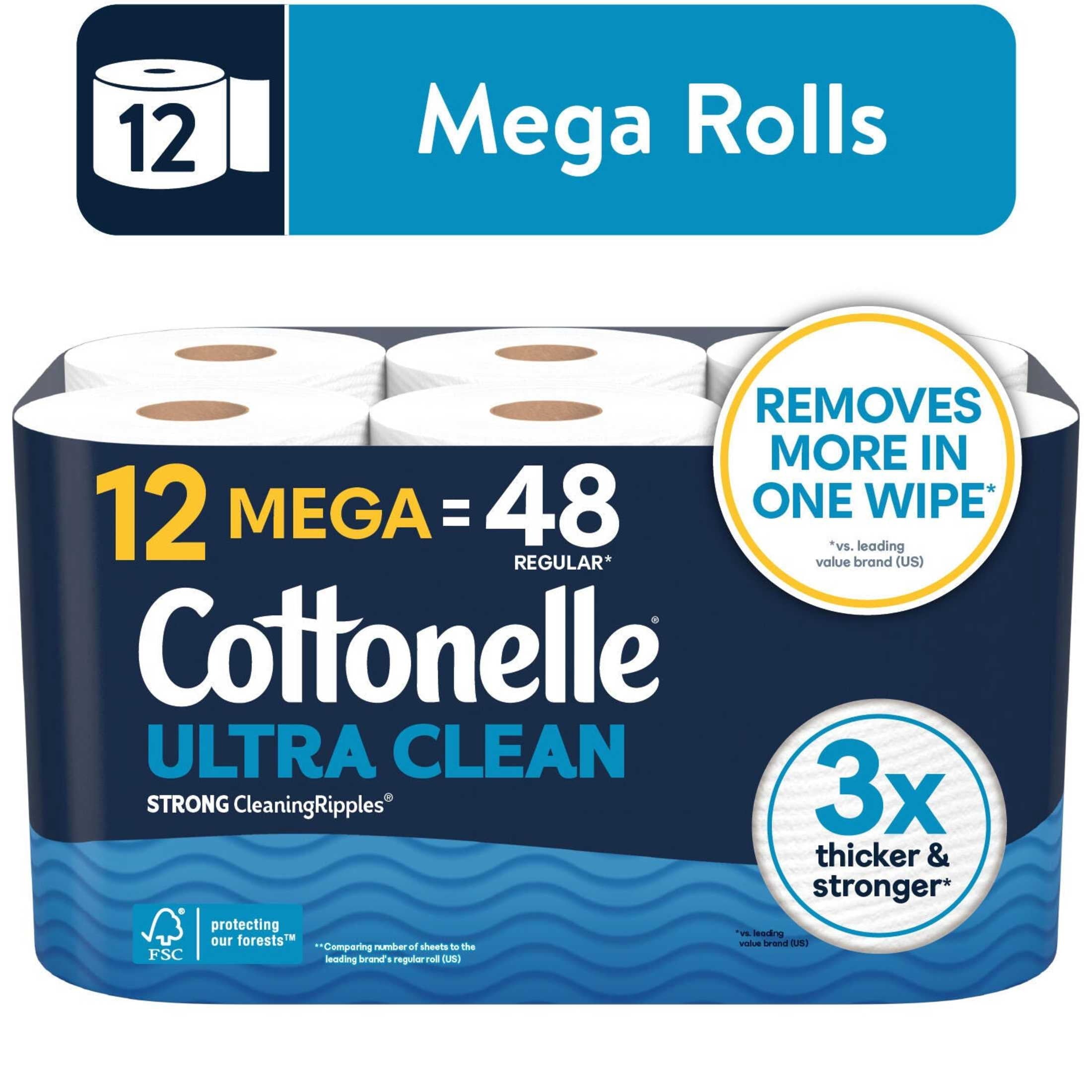 Cottonelle Ultra Clean Toilet Paper - Strong Toilet Tissue, 12 Mega Rolls - 4-Pack