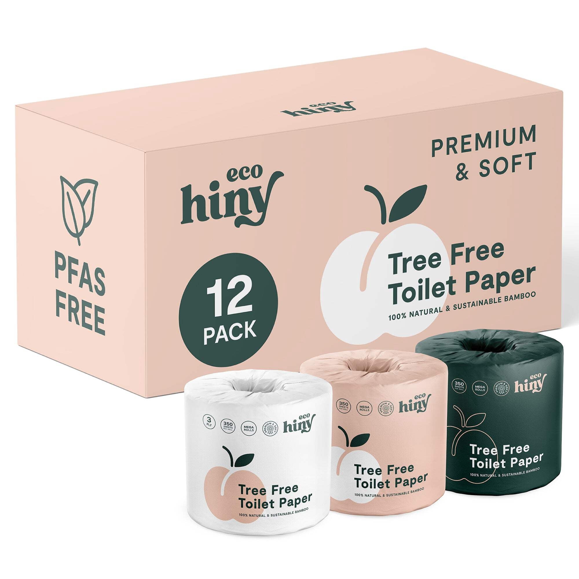 ecoHiny Bamboo Toilet Paper - 12 Mega Rolls, 3-Ply, 350 Sheets per Roll