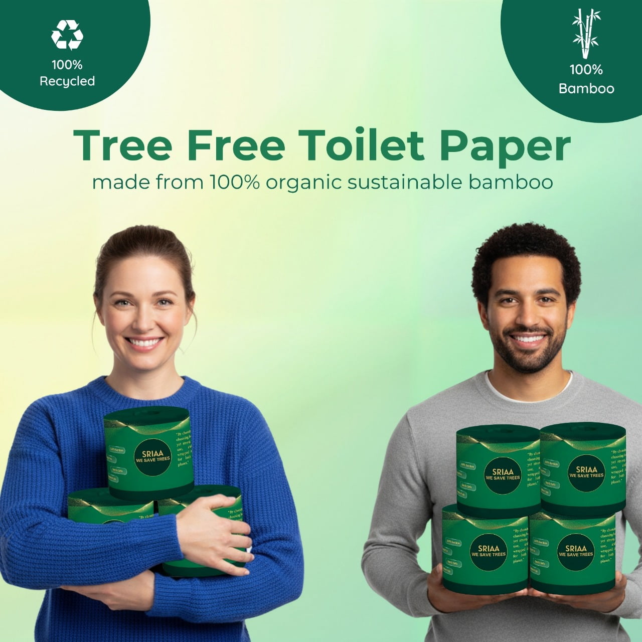 SRIAA Premium Organic 100% Bamboo Tree-Free Toilet Paper - 24 Mega Rolls, 3-Ply, 300 Sheets per Roll, Septic Safe, Plastic Free, FSC Certified