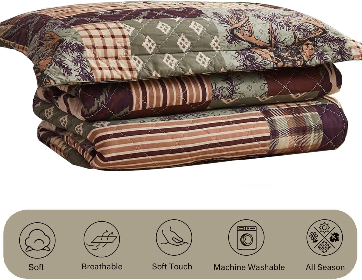 Jessy Home Rustic Lodge Bedding Twin Moose Quilt Plaid Patchwork Bear Poly Fill Quilt Bedspread Coverlet