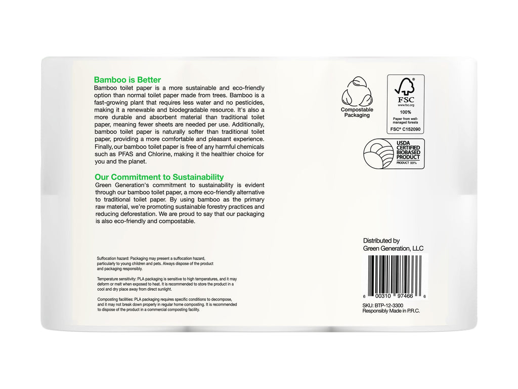 Green Generation Bamboo Toilet Paper - 12 Mega Rolls, 3-Ply, 300 Sheets per Roll