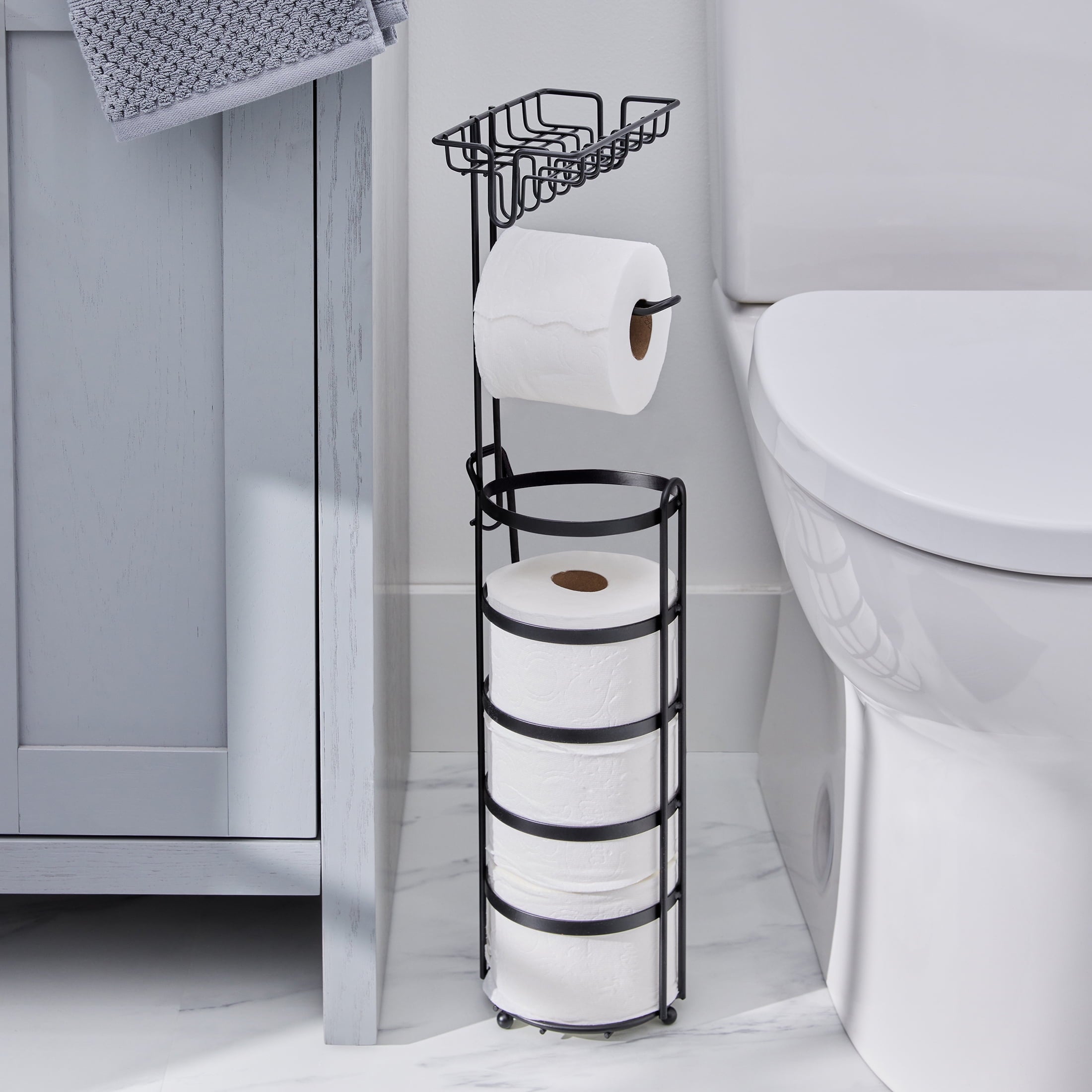 Better Homes & Gardens Free Standing Toilet Paper Holder with Reserve - Matte Black, Fully Assembled