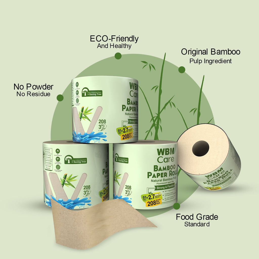 WBM Care Natural Bamboo Toilet Paper - 3-Ply, Unbleached, Tree-Free, 208 Sheets per Roll, 10 Rolls, Soft and Gentle Bath Tissue, Chemical-Free