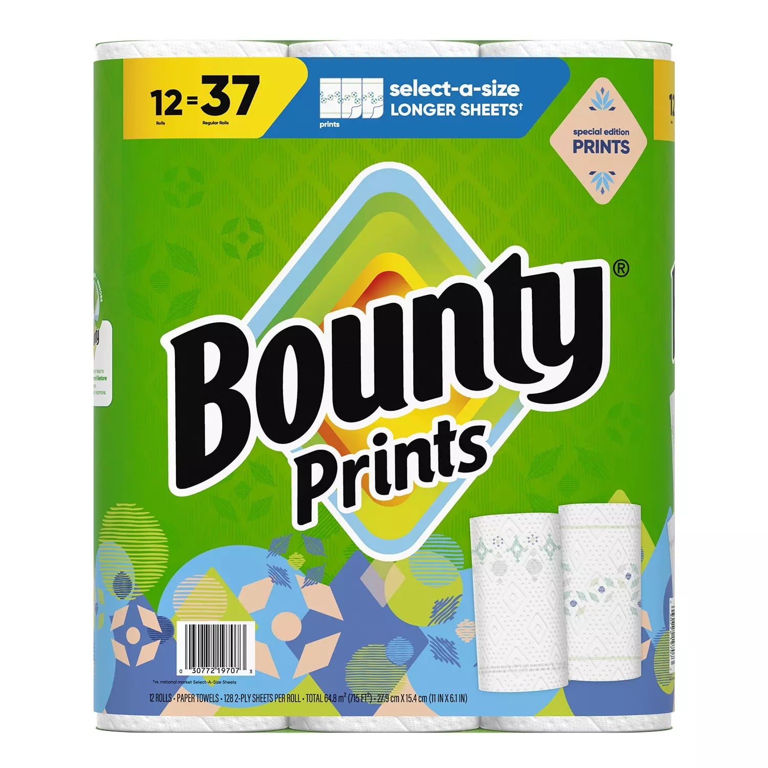 Bounty Prints Select-A-Size 2-Ply Paper Towels - 12 Rolls, 128 Sheets/Roll