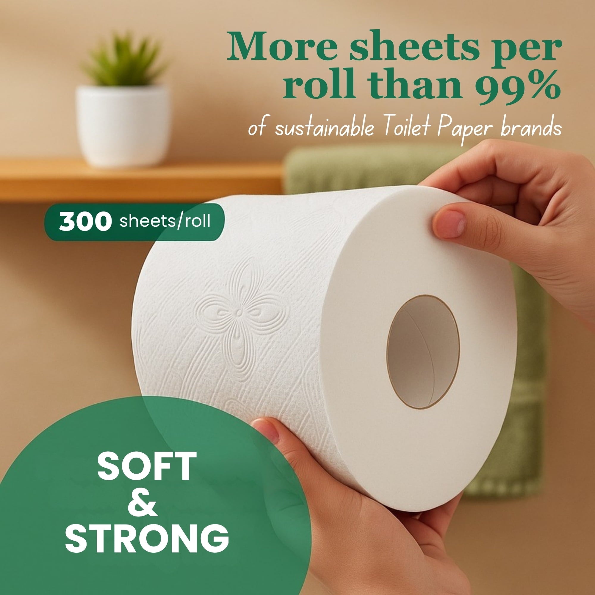SRIAA Premium Organic 100% Bamboo Tree-Free Toilet Paper - 24 Mega Rolls, 3-Ply, 300 Sheets per Roll, Septic Safe, Plastic Free, FSC Certified